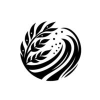 A stylized black and white circular featuring a wavelike form embracing botanical elements with delicate dots, symbolizing balance. vector