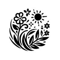 A Stylized Black and White Floral Composition Featuring a Large Center Flower, Sun, and Organic Shapes Arranged in a Circular Arrangement on a White Background. vector