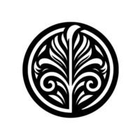 Intricate Black and White Circular of a Symmetrical Treelike Ornament with Leafy and Curvilinear Details on a White Background. vector