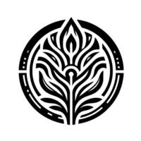 Intricate Black and White Floral Emblem Within a Circular Frame, Geometric Lines and Organic Shapes Creating a Symmetrical Pattern vector