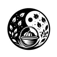 Yin and Yang Symbol with Black and White Composition Featuring a Basket, Leaves, and a Decorative Pumpkin in a Modern, Stylized . vector