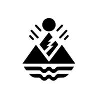 Abstract minimalist black and white depicting mountains, sun, lightning, and water, with a clean, symbolic aesthetic. vector