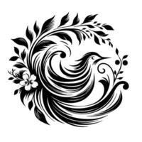 Elegant monochrome bird, floral, and foliage . Depicting a stylized avian form intertwined with decorative leaves, blossoms, and swirling elements, against a white background. vector