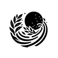 Abstract Black and White Circular Featuring a Black Circle, Leafy Branches, and Flowing Waves, Evoking Nature and Harmony. vector