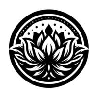 Ornate Black and White Lotus Flower within a Circle with Detailed Petals, Dots, and Minimalist , Representing Peace vector