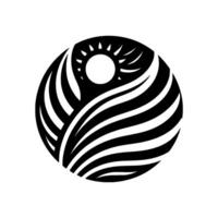 Abstract Black and White Sphere with Sun and Flowing Lines Minimalist , Circular Composition, Symbol of Nature and Growth. vector