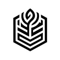 Abstract Black and White Geometric A stylized leaflike form within a hexagon, representing nature and growth. vector