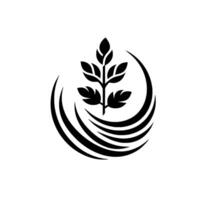 Simple black leaf and stem within stylized crescent, representing growth or nature on a white backdrop. vector