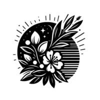 Intricate Black and White Floral within a Circle, Featuring Flowers, Leaves, and Celestial Elements with a Decorative Aesthetic. vector