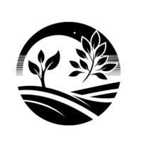 A minimalist, circular in black and white depicting stylized plants growing in a field under a stylized horizon with a simple dot. vector