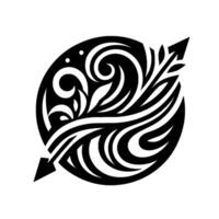 Black and White Ornamental Featuring Arrow, Swirls, Leafy Elements, and Circular Composition. vector