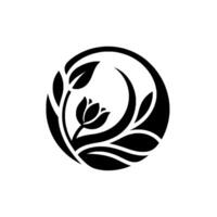 Elegant Black and White Circular Floral Featuring a Tulip and Leaves, on a Plain White Backdrop. vector