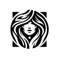 Elegant monochrome of a womans face with flowing hair, contained within a circle, nested in a square frame. vector