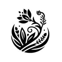 Elegant Black and White Floral Crest with a Blooming Flower, Swirling Vines, and Leafy Elements in a Circular Composition. vector