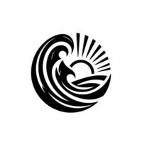 Black and White Abstract Circle Stylized Wave Crests Rising Sun, Symbolic of Serenity, Natures Power Hope, Featuring Bold Curves and Lines vector