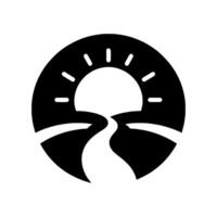 A circular minimalist depicting a winding road leading towards the sun, set against a solid black and white backdrop. vector