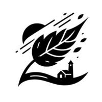 Black and white minimalist illustration featuring a stylized leaf, sun, falling leaves, a small house with a tower, and diagonal lines suggesting wind. vector