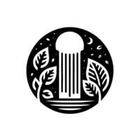A minimalist, black and white illustration of a stylized pillar scene within a circle with leaves, a crescent moon, and a flat landscape . vector