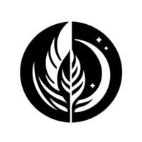 Black and white minimalist featuring a split , with a stylized leaf on one side and a crescent moon and stars on the other, within a circle. vector