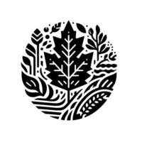 A stylized black and white botanical illustration within a circle, showcasing a central maple leaf surrounded by various plant elements, rendered in a , minimalist style. vector