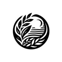 Stylized Black and White Circular Featuring Leaves, Crescent Moon, and Horizontal Lines Representing Landscape, Minimalist . vector