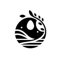 Stylized Black and White Illustration EggShaped Symbol Inside a Circle, Surrounded by Curved Lines and Leaves, Evoking Nature and Serenity. vector
