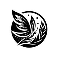 Stylized Black and White Butterfly with Leafy Branch and Dots Enclosed in a Circle, Clean Minimalist . vector