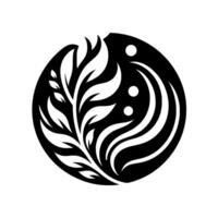 Intricate monochrome of stylized leaves, organic forms, and cascading waves within a solid black circular background. vector