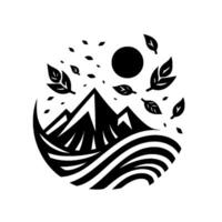 Serene black and white featuring mountains, sun, leaves, and water elements, arranged in a circular composition, evoking nature and tranquility. vector