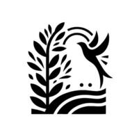 Monochromatic silhouette of a bird soaring over stylized water and a leafy tree, representing natures harmony. vector