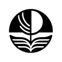 Symbolic Black and White A stylized book, open and growing, supporting a halfmoon shape and layered elements, suggesting growth and knowledge. vector
