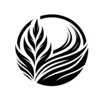 Abstract black and white botanical featuring stylized leaves and curved lines enclosed within a circular frame, creating a modern aesthetic. vector
