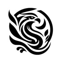 A minimalist, stylized eagle head emblem, composed of black swirling lines within a circular frame, evoking power and elegance against a stark white background. vector