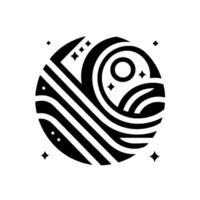 Abstract black and white circular with cosmic elements, including stylized lines, a circle, and starlike shapes, on a white background. vector