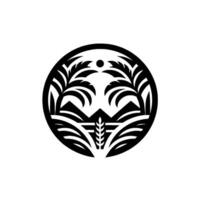 Black and white geometric emblem featuring stylized mountains, palm trees, and wheat within a circular frame, evoking nature and simplicity. vector