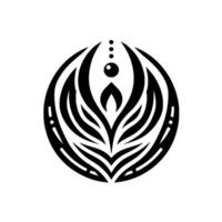 Abstract symmetrical black and white circular with layered featherlike patterns, a central flame shape, and a dotsphere arrangement above. vector