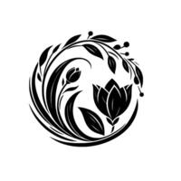 Elegant Black and White Floral Mandala Detailed illustration of stylized flowers, leaves, and berries arranged in a circular, symmetrical pattern on a white background, conveying serenity and balance vector