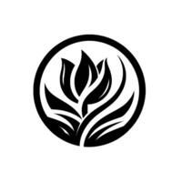 A clean, minimalist emblem featuring a stylized black flower encompassed by a circular frame, set against a pristine white backdrop. vector