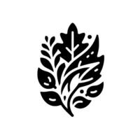 Elegant monochromatic botanical illustration featuring a stylized cluster of leaves, twigs, and berries arranged in a symmetrical, ovallike composition against a pristine white background. vector