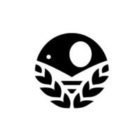 A minimalist black and white emblem, featuring a circle containing a birdlike figure with a large eye, a mountain silhouette, and laurel leaves. vector