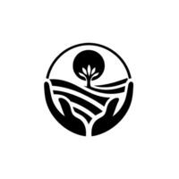 Stylized emblem depicting hands cradling a tree atop rolling fields within a circle, promoting environmental stewardship and care. vector