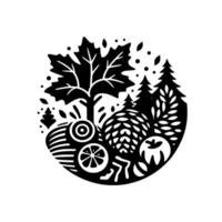 Intricate Black and White Nature Illustration A stylized circular composition of forest elements, including trees, leaves, and fruit, evoking a sense of harmony and balance. vector