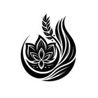 Elegant Black White Floral Emblem A stylized lotus flower with a crescent, wheat sprig, and flowing stylized foliage elements on a clean white background. vector