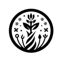 Monochromatic circular botanical illustration featuring a central stylized plant with leaves, blossoms, buds, and ornamental surrounding elements, set against a white background. vector