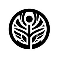 Intricate Black and White Emblem Featuring Stylized FloralVegetative , Encased within a Circular Border, Suggesting Organic Forms. vector
