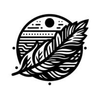 Black and White Minimalist Illustration of a Stylized Feather Overlaying a Geometric Oval with Abstract Landscape Elements. vector