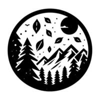 A minimalist, monochromatic forest scene within a circular frame, featuring mountains, trees, moon, and falling leaves, conveying a sense of peace and simplicity. vector