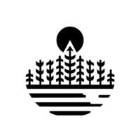 A stylized, minimalist black and white landscape composition featuring pine trees, a sun or moon, and a body of water, evoking a sense of nature and tranquility. vector