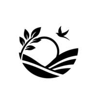 A minimalist, stylized black and white featuring a branch with leaves, stylized rolling hills, and a flying bird, evoking natures harmony. vector