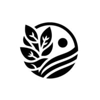A minimalist circular emblem, with a silhouette of leaves sprouting from wavy terrain, a central sun, and a clean black and white aesthetic. vector
